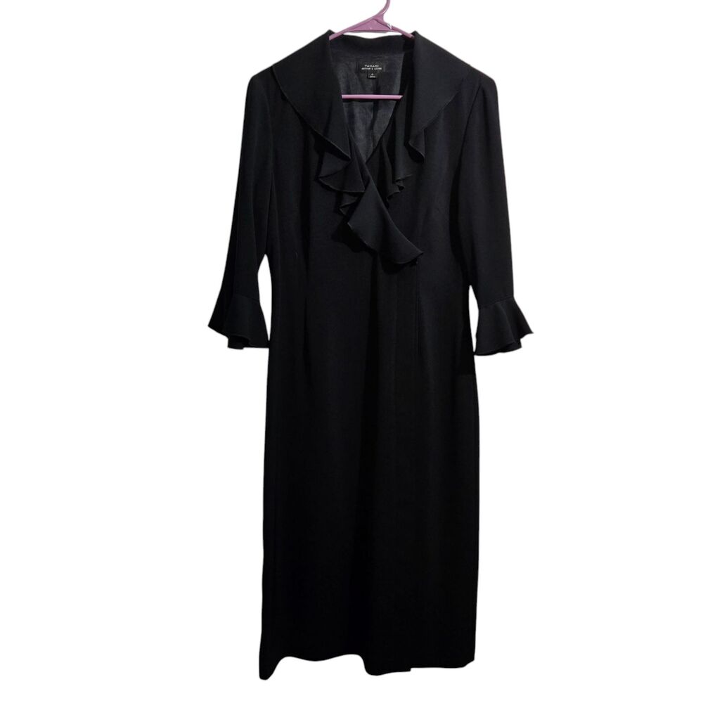 Tahari Cocktail Dress Women 6 Black Midi V Neck Ruffle Bell Cuffs Gothic Glam
